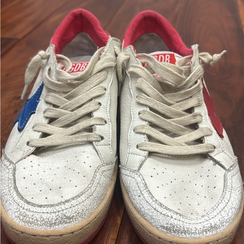 CUSTOM Golden Goose White Sneakers with Red and Blue Accents